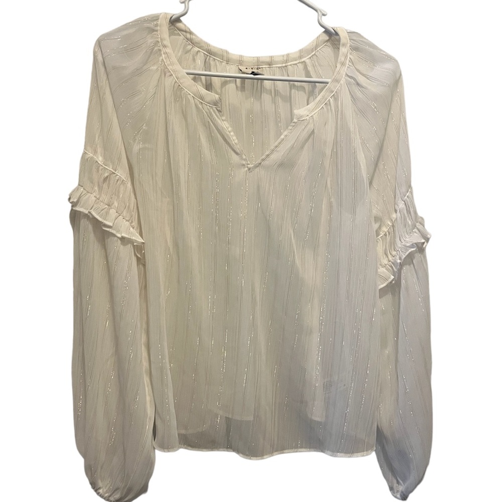 A New Day Womens Gold, Silver Striped Split Neck Puff Ruffled Sleeves Top Medium